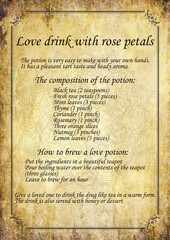 Digital artwork, A4.  Love Spell Printable, Grimoire Page, Love Spell Rose Petal Potion, Kitchen Magic