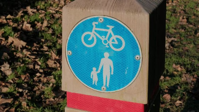 Pedestrians and cycle road sign. Filmed Yorkshire. England. 