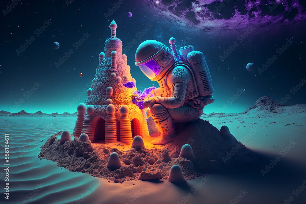 Canvas Prints astronaut building a sand castle on a beach. generative ai