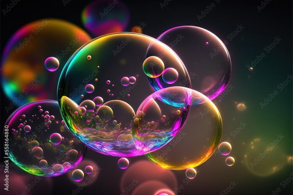 Poster a bunch of soap bubbles floating in the air on a black background with a rainbow hued background and