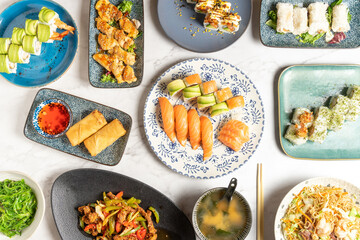 View from above of various asian food dishes. High quality photo