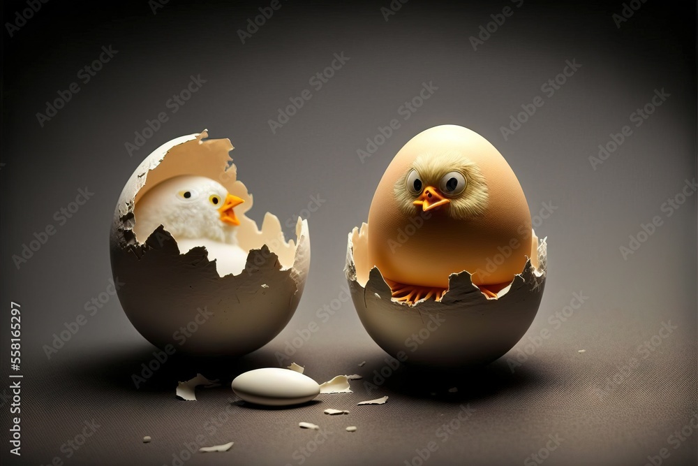 Poster an egg shell with a chicken in it and an egg shell with an egg in it, with a broken egg in the middle of the egg shell, and an egg shell with an egg in the middle., generative ai