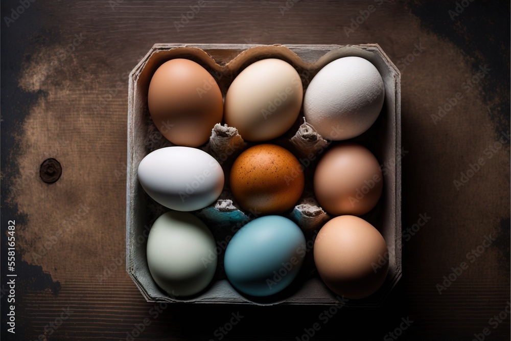 Poster a cardboard box filled with eggs on top of a wooden table next to an orange and blue egg in the midd
