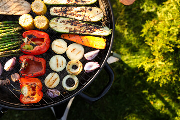 Delicious grilled vegetables on barbecue grill outdoors