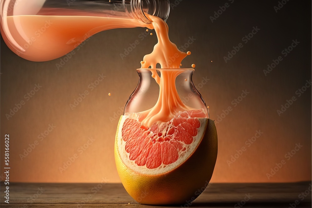 Poster a grapefruit is being poured into a glass of orange juice from a bottle into a glass vase on a woode