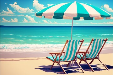 Fototapeta na wymiar Beach chairs with umbrellas on the beach. Generative AI