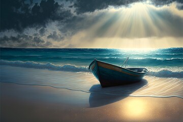 Beach landscape with boat, sea and sky with clouds and sun.  AI