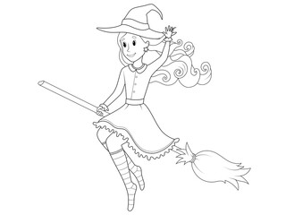 A young witch on a broom. Children coloring book. Raster.