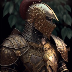 Medieval knight in golden armor. Digital illustration AI