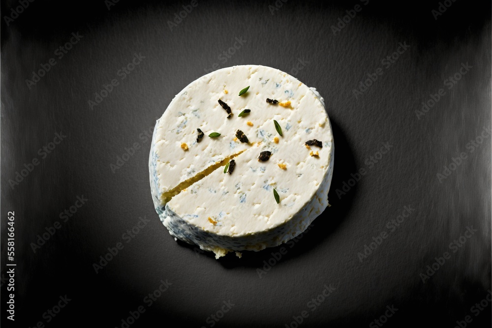 Poster a piece of cheese on a black surface with sprinkles on it and a piece of cheese on top of the rest o