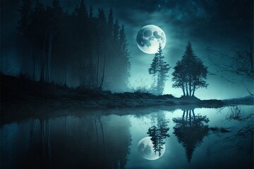 Fototapeta premium Night landscape with forest, lake and full moon. AI