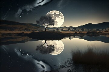 Lake landscape with mountains and full moon in the sky. AI