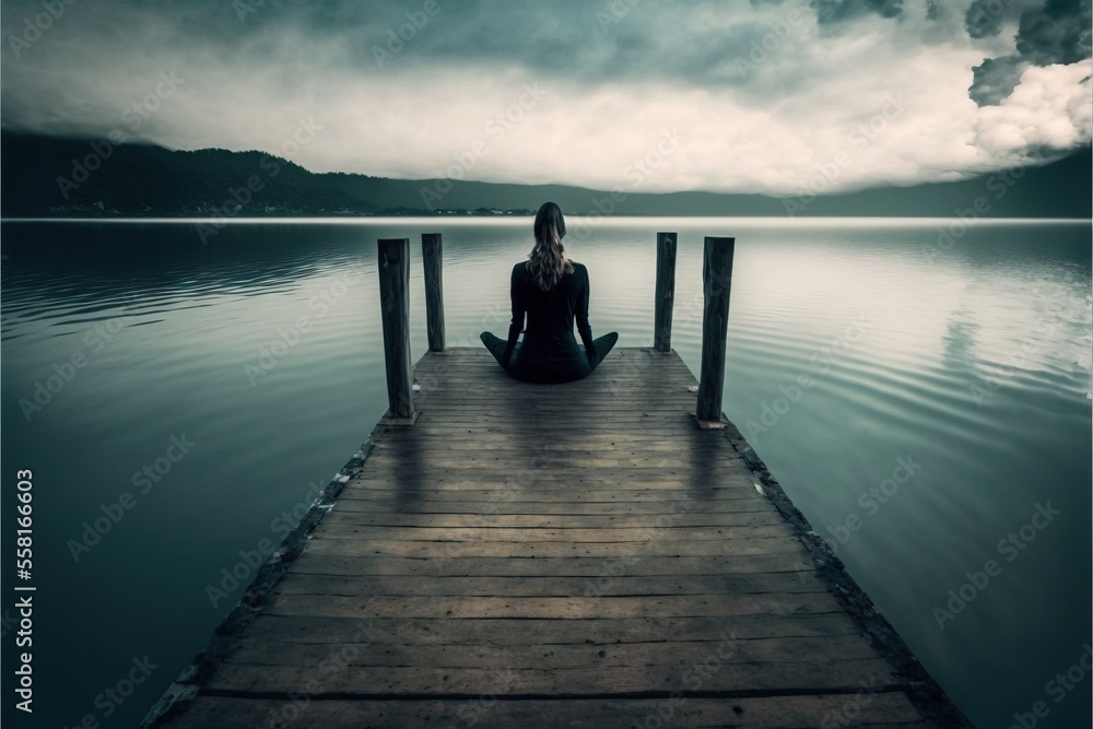 Poster a woman is sitting on a dock in the middle of the water with a cloudy sky in the background and a bo