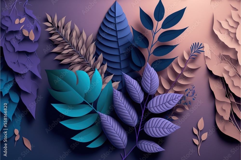 Poster a paper cut of leaves and plants on a purple background with blue and pink colors on the bottom half