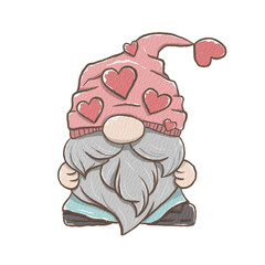 Sweet Colorful Gnome Man wearing a hat decorated with hearts. Digital paint watercolor style with paper texture. Decoration for any design. Illustration about Valentine Day theme.