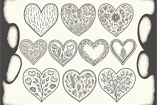 Heart generative ai illustration. Love icon of black hearts with flowers scribble. Cartoon doodle design isolated on white background. Thin stripes. Elements for Valentines.