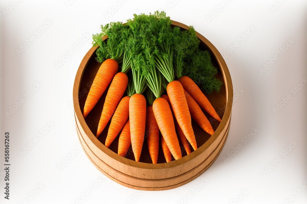 Poster a bunch of carrots are in a wooden container with green tops and leaves on the top of the carrots ar