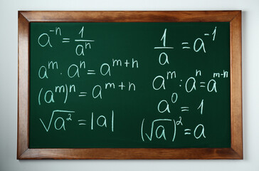 Chalkboard with many different math formulas on white wall