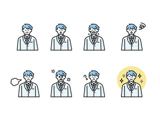 人物の表情イラスト1(男性、アイコン、アバター、笑う、泣く、落ち込む、驚く、怒る、知る) An illustration of a person's facial expression.Men, icons, avatars, laughing, crying, depressed, surprised, angry, know.