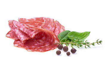 Salami smoked sausage, Traditional dry-cured Milano salami, isolated on white background. High resolution image.