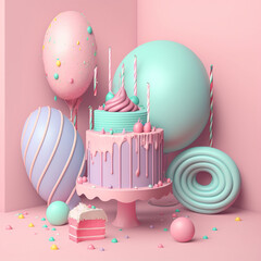 Delicious birthday cake in beautiful colors. Generative AI - obrazy, fototapety, plakaty