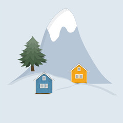 winter landscape yellow and blue house on the background of the mountain
