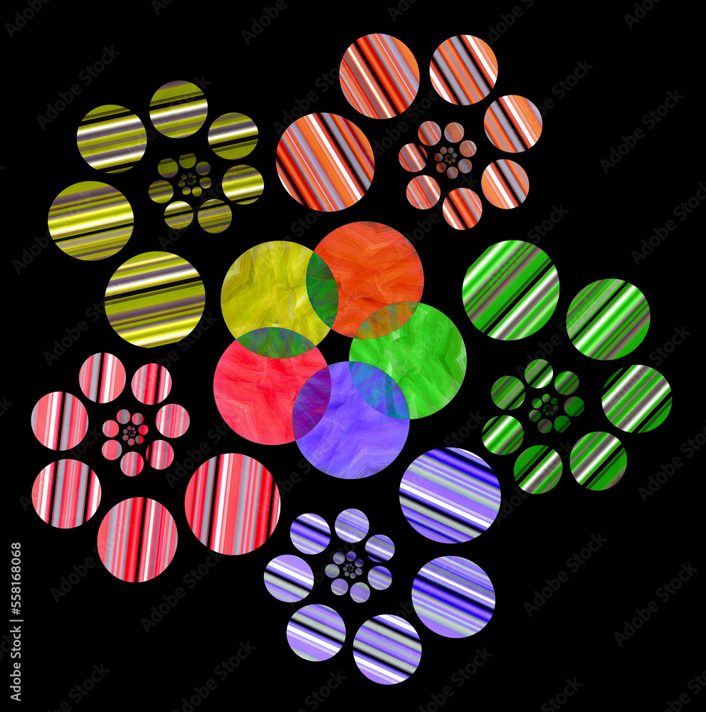 Poster multi-colored striped circles create spirals folded into a flower on a black background. abstract gr