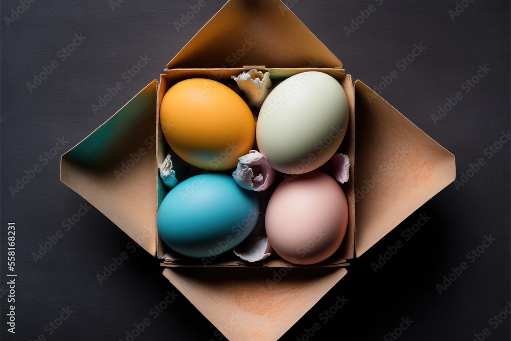 Aufkleber a cardboard box filled with colorful eggs on top of a black tablecloth covered table top with a blac
