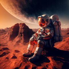 An astronaut in spacesuit sitting on the surface of the Mars planet. Created with Generative AI. Midjourney illustration