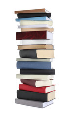 Stack of hardcover books on white background