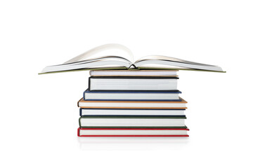 Stack of hardcover books on white background