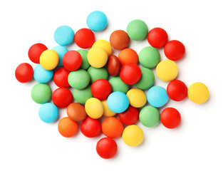 Many small colorful candies on white background, top view