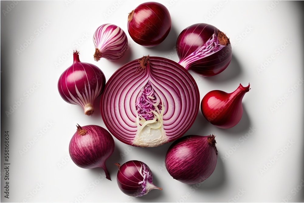 Poster a group of onions sitting on top of a white table next to a knife and onion peels on top of it's hea