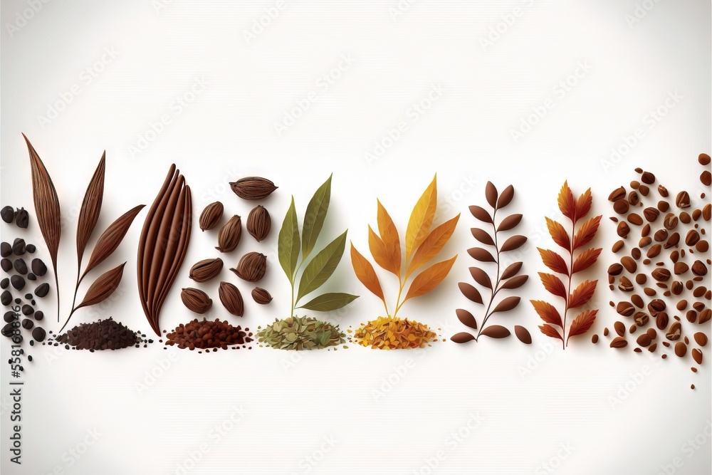 Poster a group of different types of leaves and seeds on a white background with a white background behind 