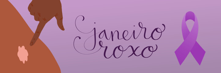 Purple January in portuguese Janeiro Roxo, Brazil campaign for hansen disease awareness banner. Handwritten calligraphy lettering. Human hand with white patches on skin illustration vector