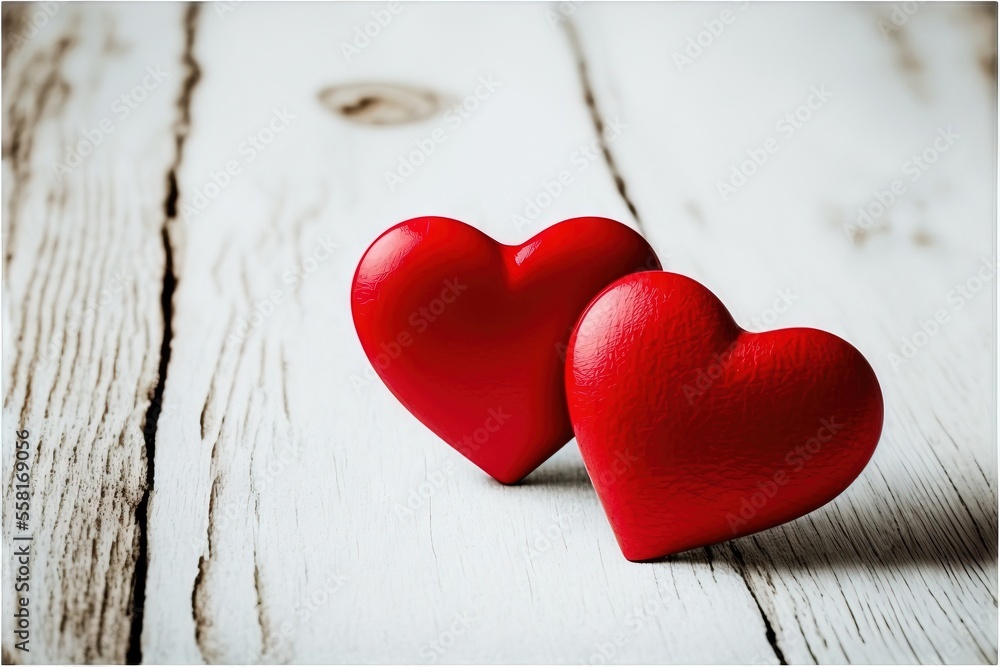 Aufkleber two red hearts sitting on top of a white wooden table next to each other on a white wood floor with 