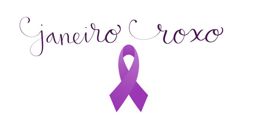 Purple January in portuguese Janeiro Roxo, Brazil campaign for hansen disease awareness banner. Handwritten calligraphy lettering vector