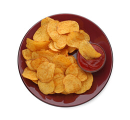 Delicious chips with ketchup isolated on white, top view