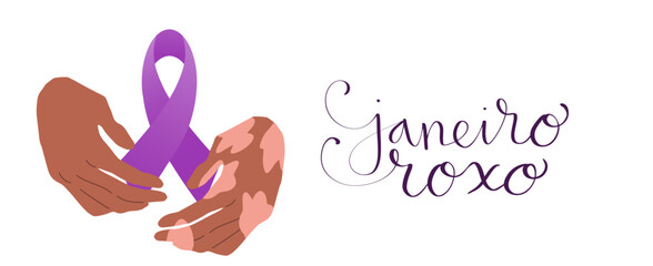 Purple January in portuguese Janeiro Roxo, Brazil campaign for hansen disease awareness banner. Handwritten calligraphy lettering. Human hand with white patches on skin illustration vector