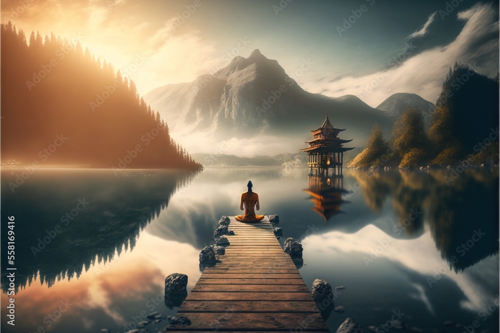 Poster a person sitting on a dock in front of a lake with a mountain in the background and a pagoda in the 