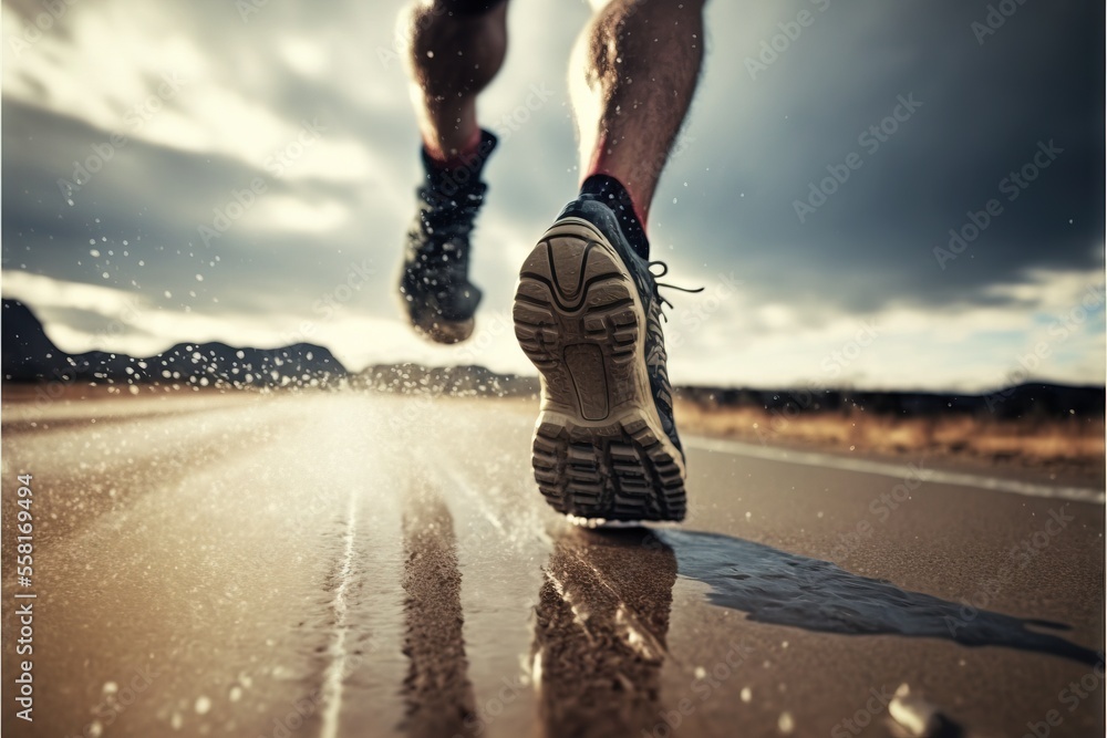 Poster a person running on a wet road in the middle of the day with the sun shining on the ground and the s