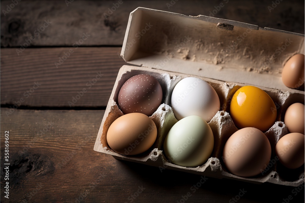 Poster a dozen of eggs in a carton on a wooden table with one egg in the middle of the carton and one egg i