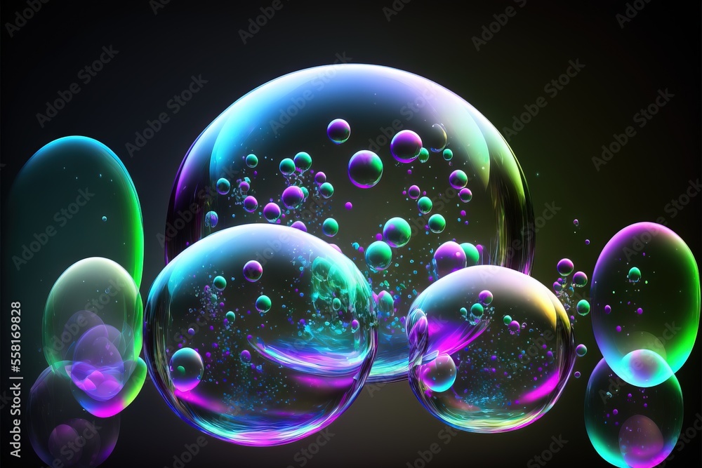 Poster a group of soap bubbles floating in the air on a black background with a green and blue background a