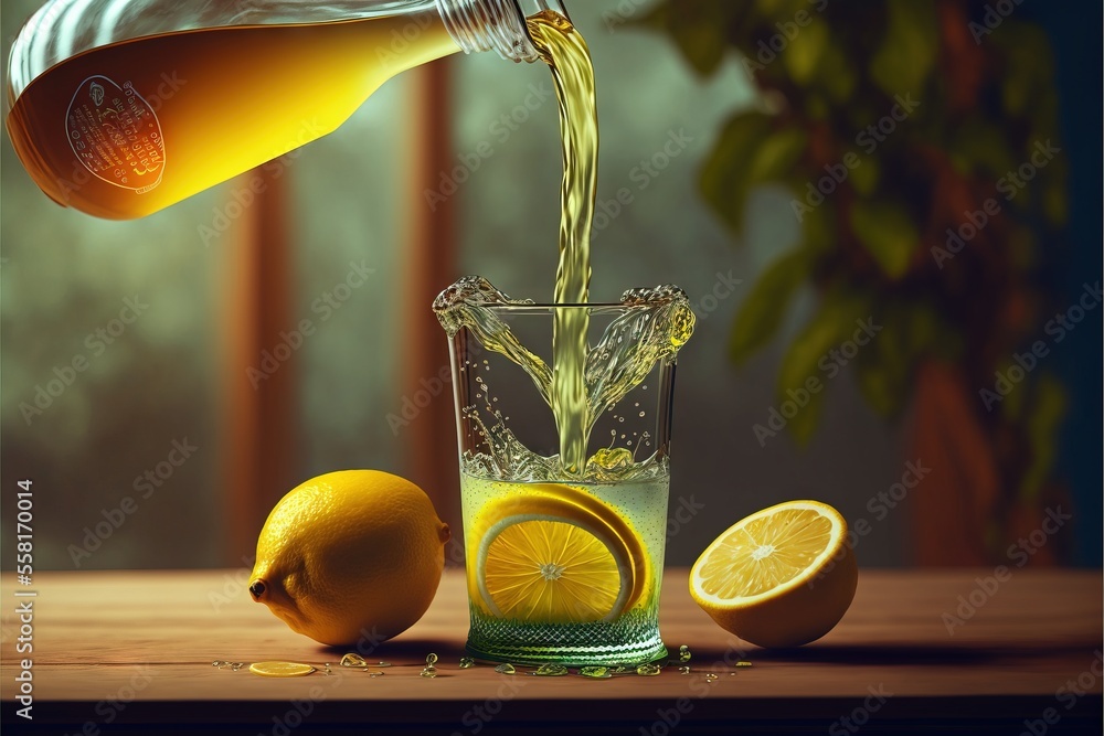 Poster a pitcher of lemonade being poured into a glass with lemons and a slice of lemon on a table next to 