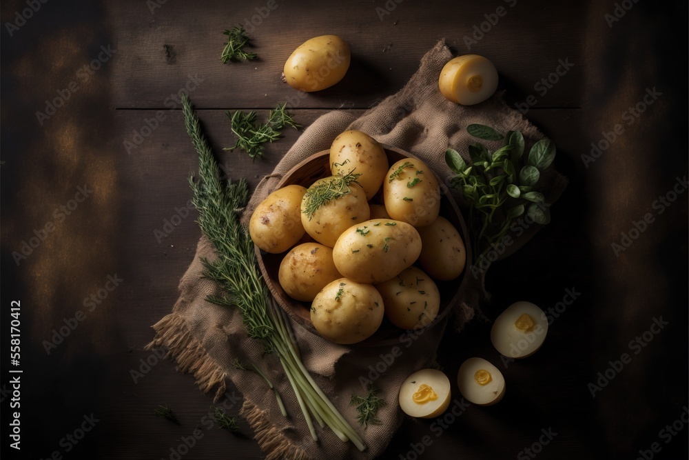 Aufkleber a bowl filled with potatoes next to a bunch of green leaves and an egg on top of a cloth on a wooden
