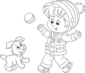 Happy little boy and his merry pup playing with a small ball on a walk in a park, black and white outline vector cartoon illustration for a coloring book page