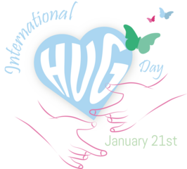 International Day of Embrace. 
January 21st .heart with hug text inside and hands surrounding it on white background and colorful butterflies.