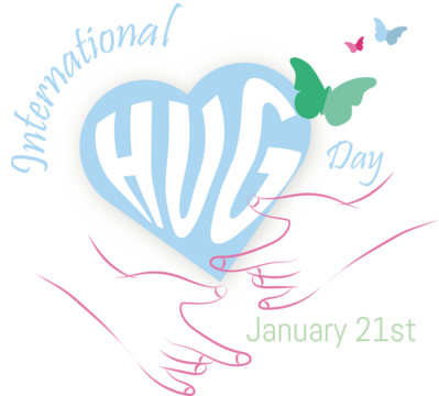 International Day of Embrace. 
January 21st .heart with hug text inside and hands surrounding it on white background and colorful butterflies.