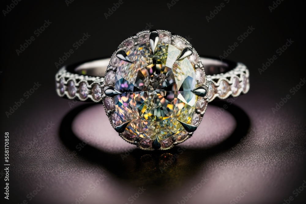 Aufkleber a fancy ring with a fancy center stone on a black surface with a reflection of the ring in the middl