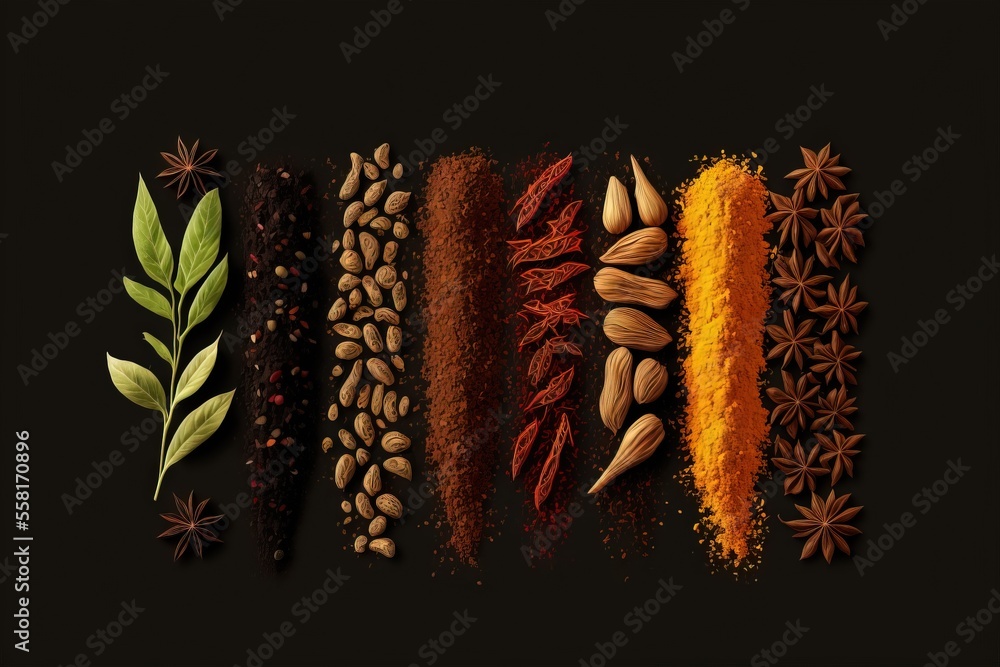 Aufkleber a variety of spices and herbs arranged in a row on a black background with a green leaf on top of th